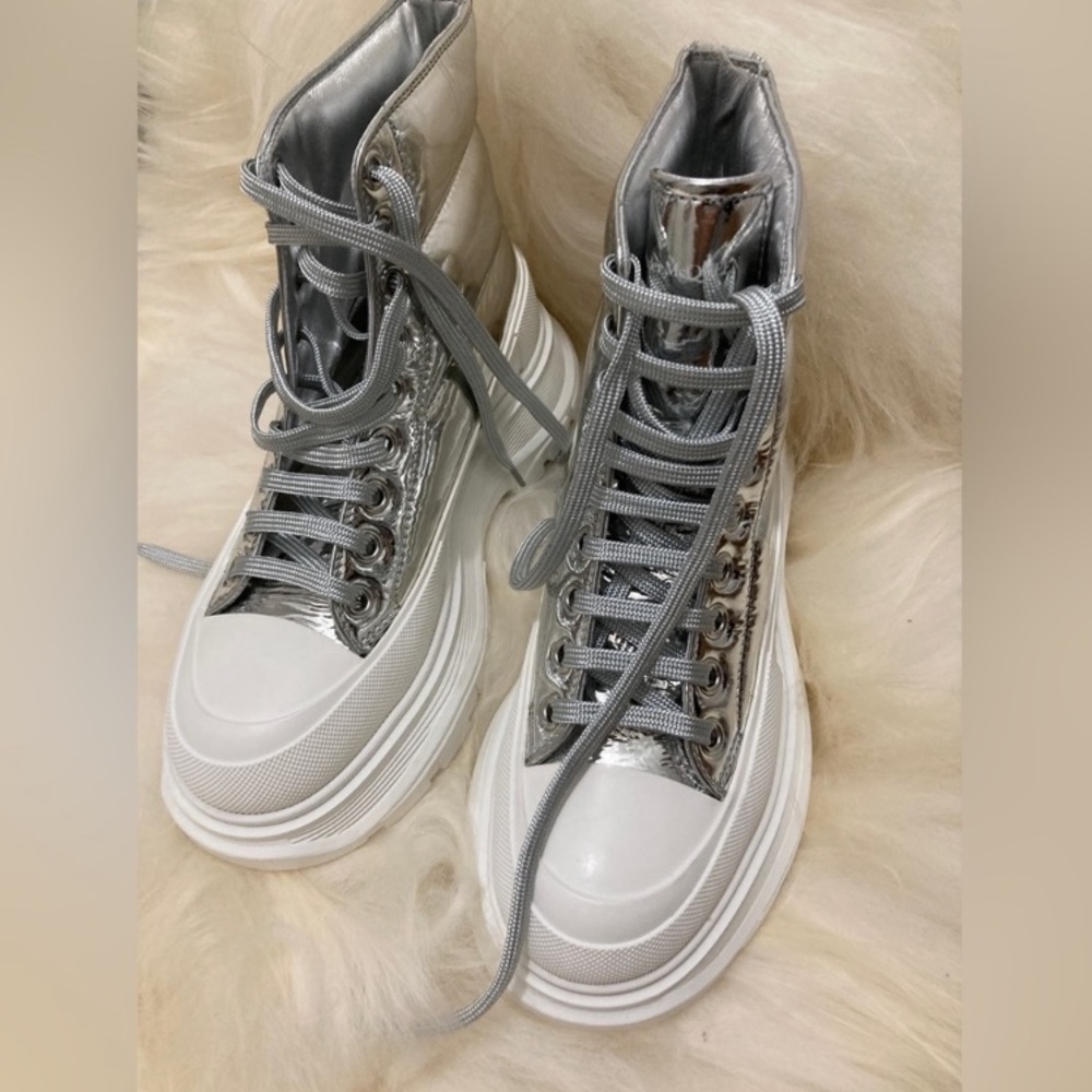 Alexander McQueen Women's High-Top Puffer Tread Slick Metallic Leather Sneakers